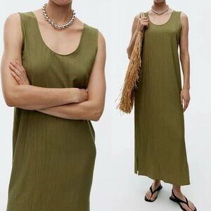 Arket Long Crinkle Dress Olive Green Sleeveless Maxi Pleated Crinkled Small